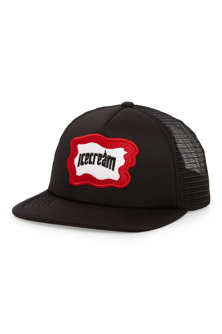 Logo Badge Trucker Hat, Main, color, BLACK