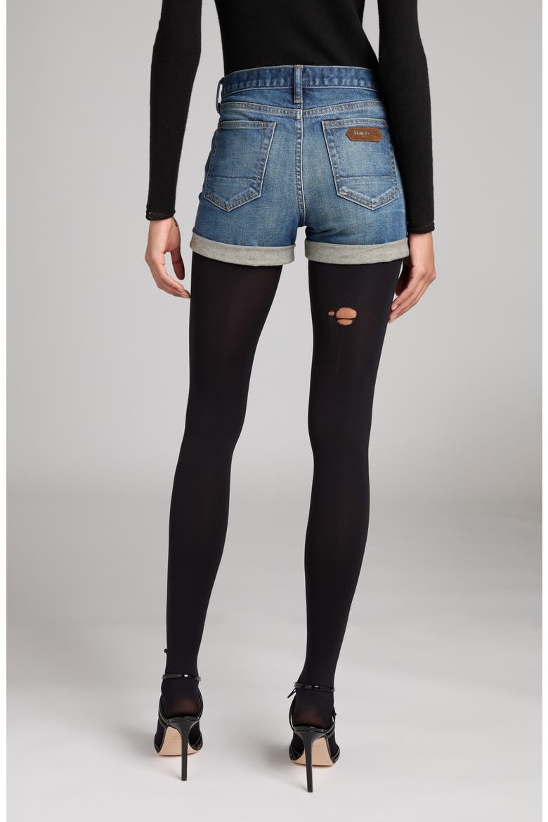High Waist Rolled Hem Comfort Stone Washed Denim Shorts, Alternate, color, HB772 MID BLUE