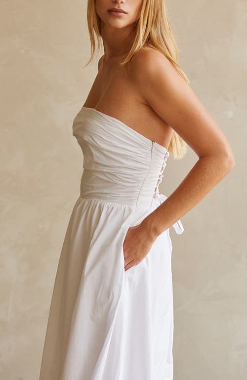Crescent Lace Up Back Poplin Midi Dress In White