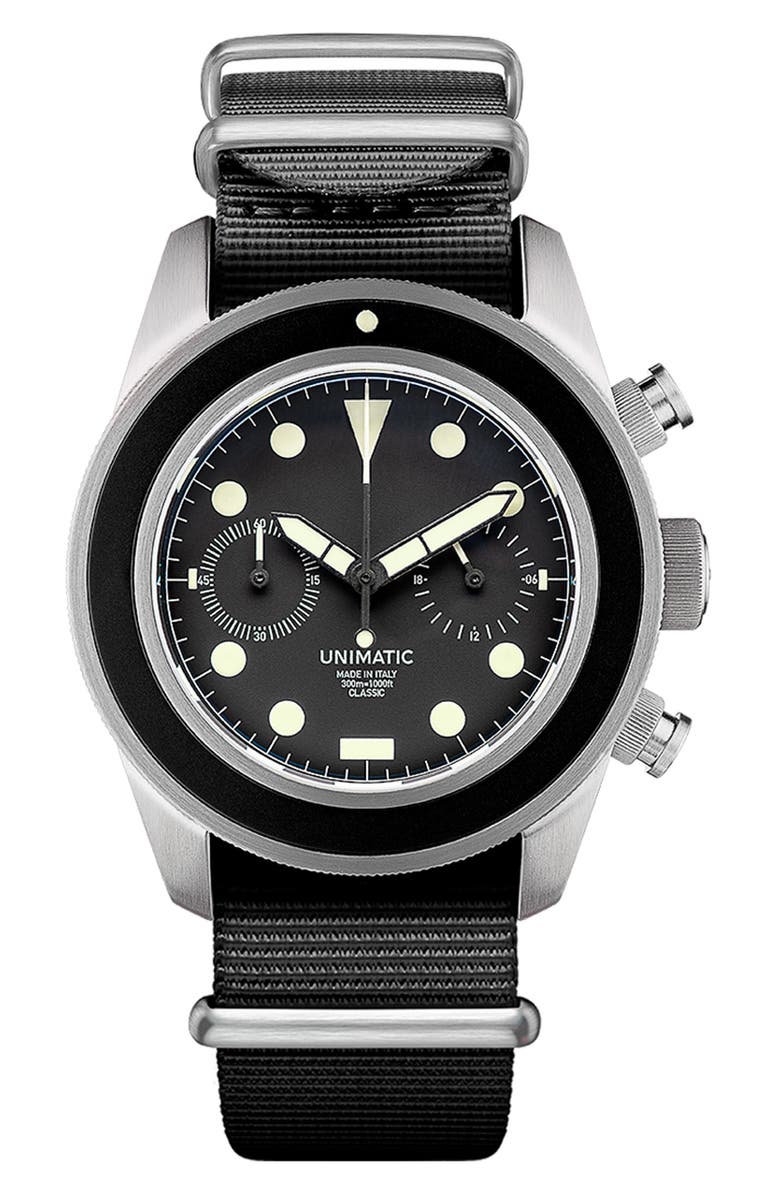 UNIMATIC Modello Tre NATO Strap Classic Chronograph Watch, 41mm x 42mm, Main, color, Black Steel