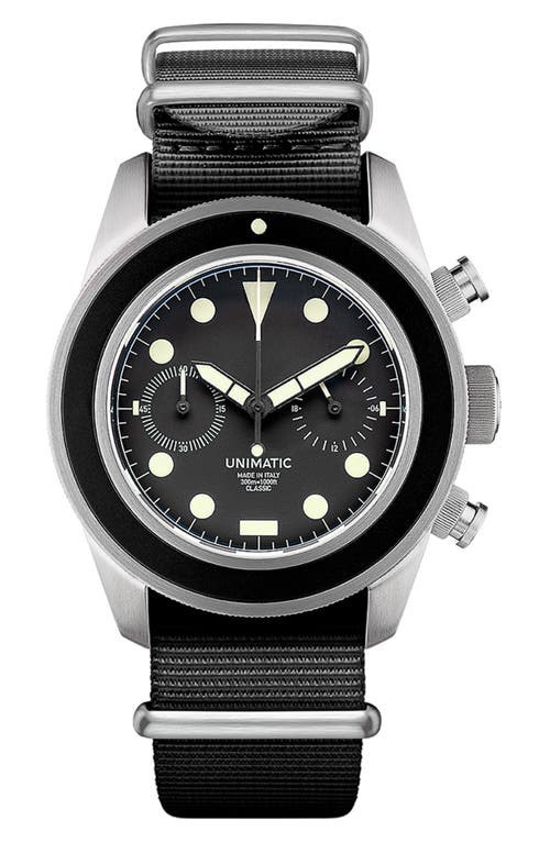 Unimatic Modello Tre Nato Strap Classic Chronograph Watch, 41mm X 42mm In Black Steel
