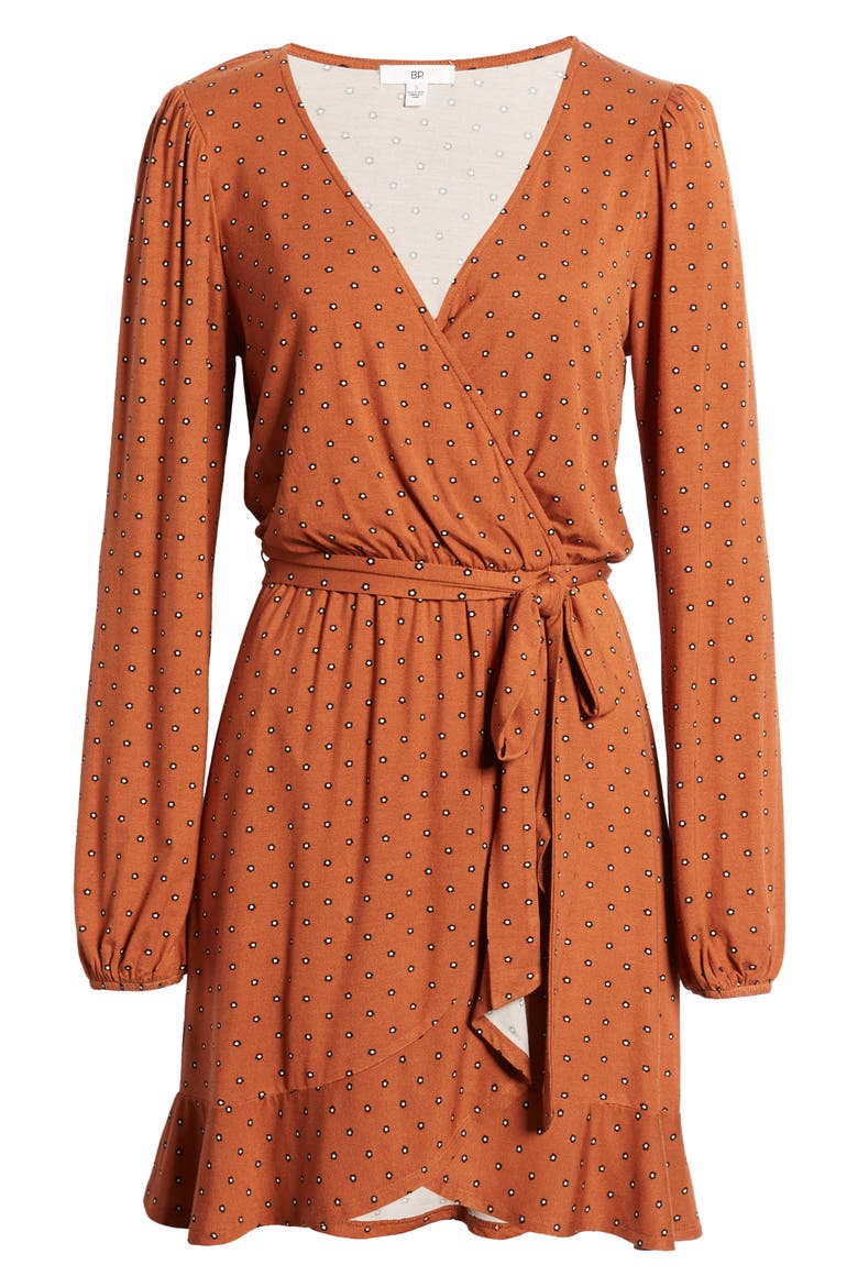 Long Sleeve Wrap Minidress, Alternate, color, BROWN DELILAH FLORAL DOT