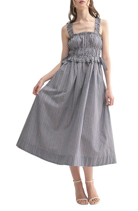 Gingham Shirred Side Tie Midi Sundress