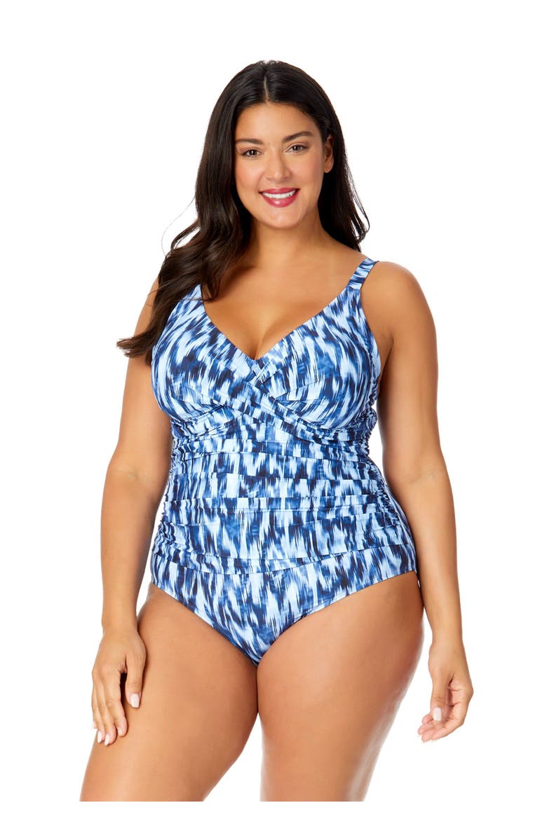 Anne Cole Plus Women's Plus Tie Dye Ikat Hidden Underwire Drape Front One Piece Swimsuit, Main, color,