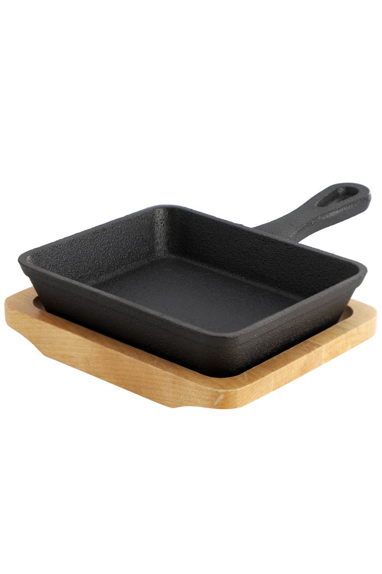 Mini Cast Iron Square Pan with Wood Tray, Main, color, Black