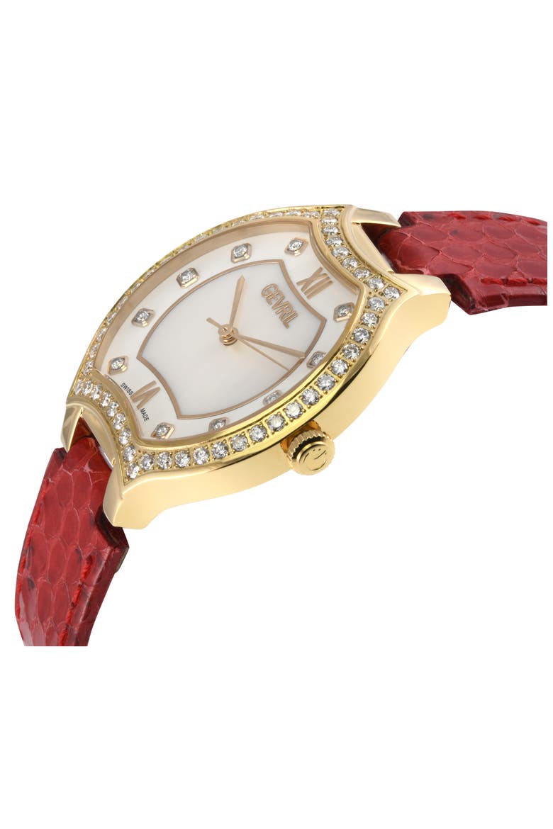 Lugano Diamond Croc Embossed Leather Strap Watch, 35mm, Alternate, color, RED