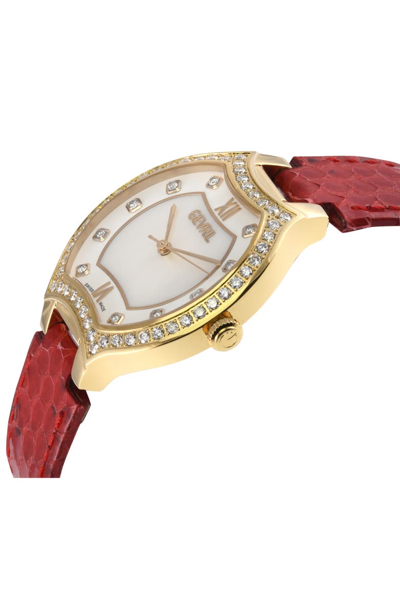 GEVRIL Lugano Diamond Croc Embossed Leather Strap Watch, 35mm, Alternate, color, Red