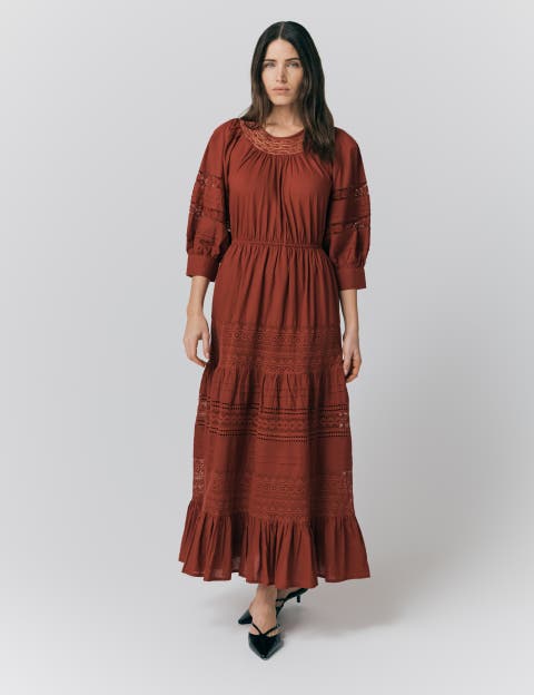 Leoni Lace Trim Cotton Midi Dress