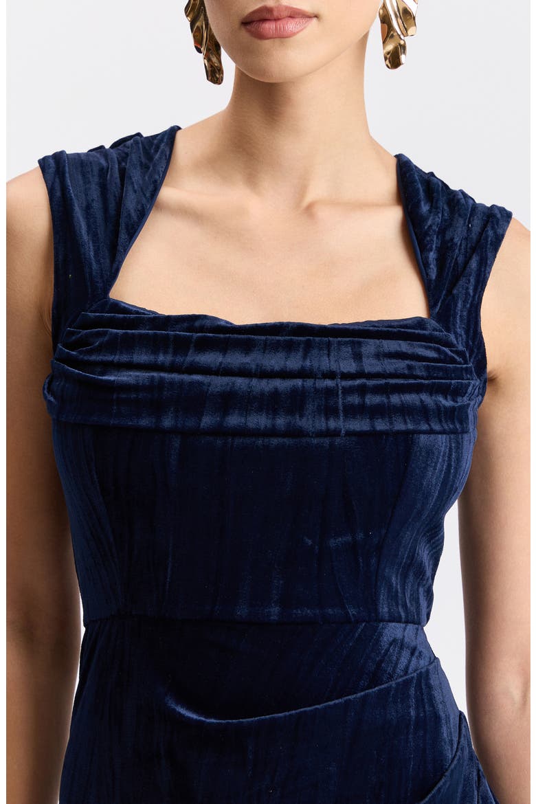Asymmetric Stretch Velvet Midi Dress, Alternate, color, NAVY
