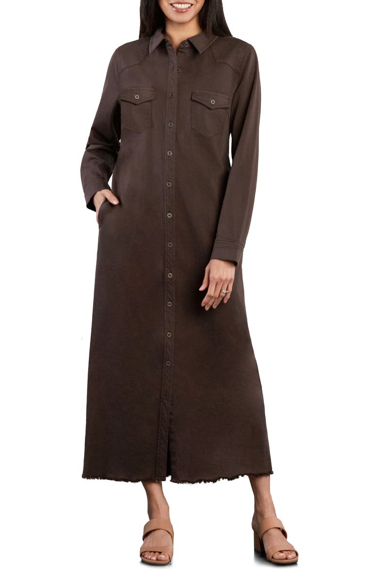 Long Sleeve Denim Maxi Shirtdress, Main, color, CHOCOLATE BROWN