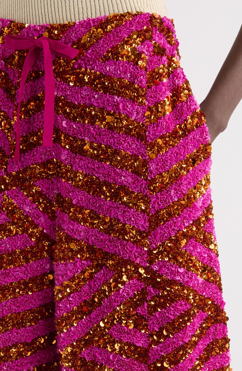 Dries Van Noten Pomy Bis Sequin Embellished Stripe Wide Leg Drawstring Shorts, Alternate, color, Fuchsia