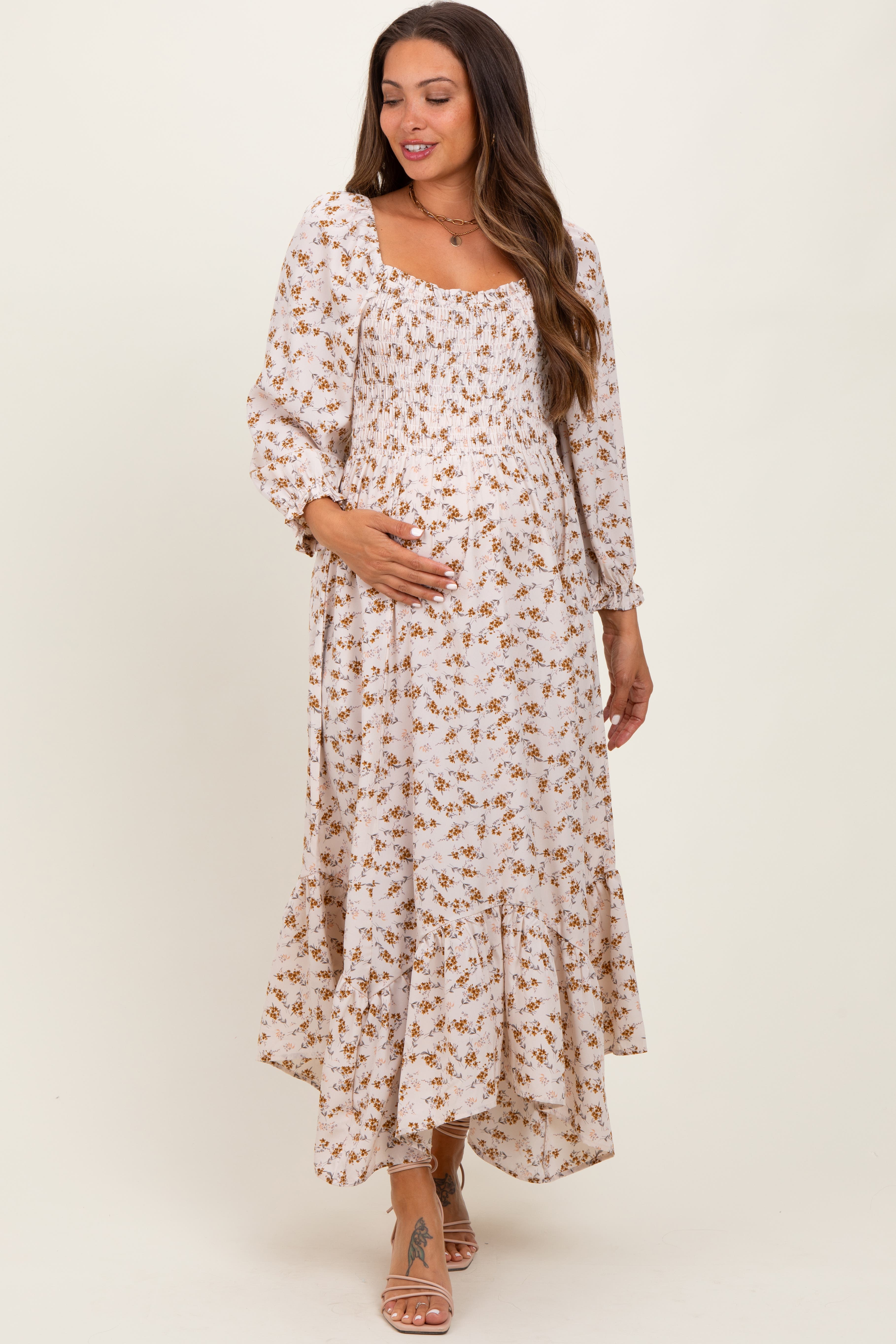 Pinkblush Floral Smocked Handkerchief Hem Maxi Dress In White