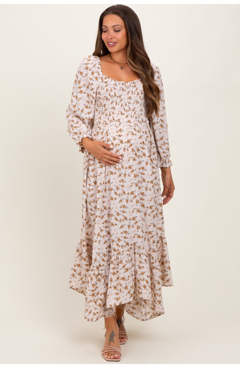 PinkBlush Floral Smocked Handkerchief Hem Maxi Dress, Main, color, Ivory