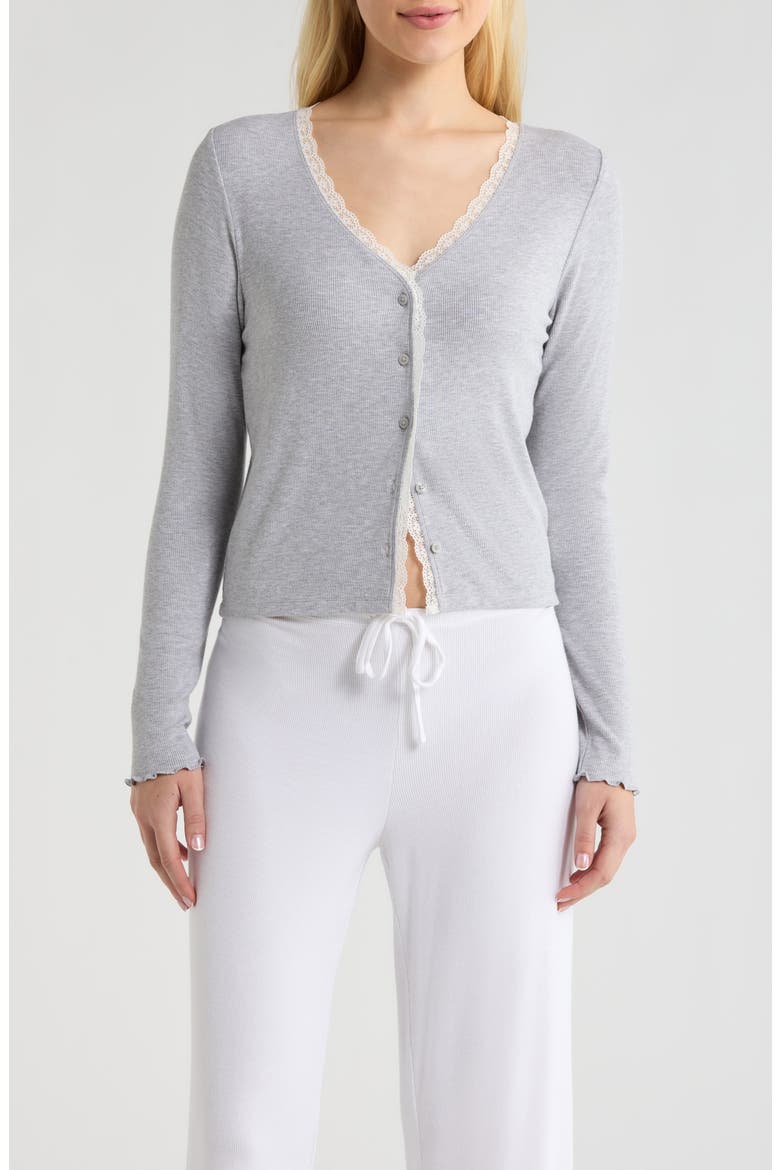 Daydream Lace Trim Rib Button-Up Lounge Top, Main, color, GREY HEATHER