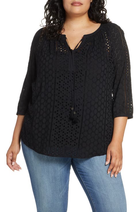 Daniel Rainn Eyelet Tie Neck Blouse (Plus Size)
