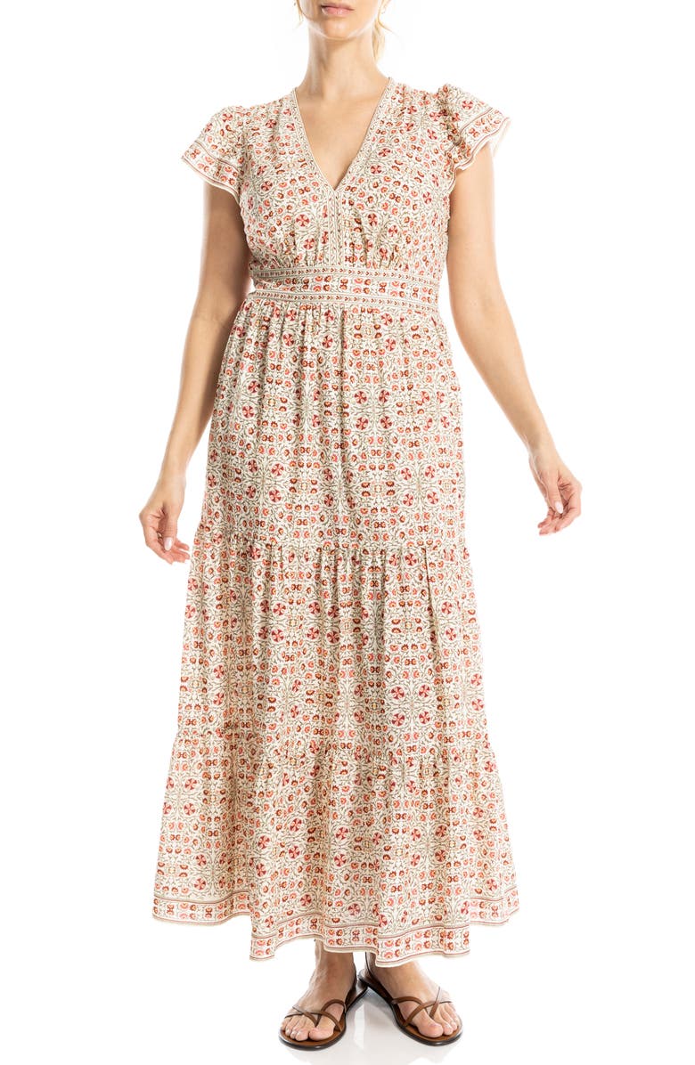 MAX STUDIO Flutter Sleeve Maxi Dress, Main, color, Ecru/ Raspberry