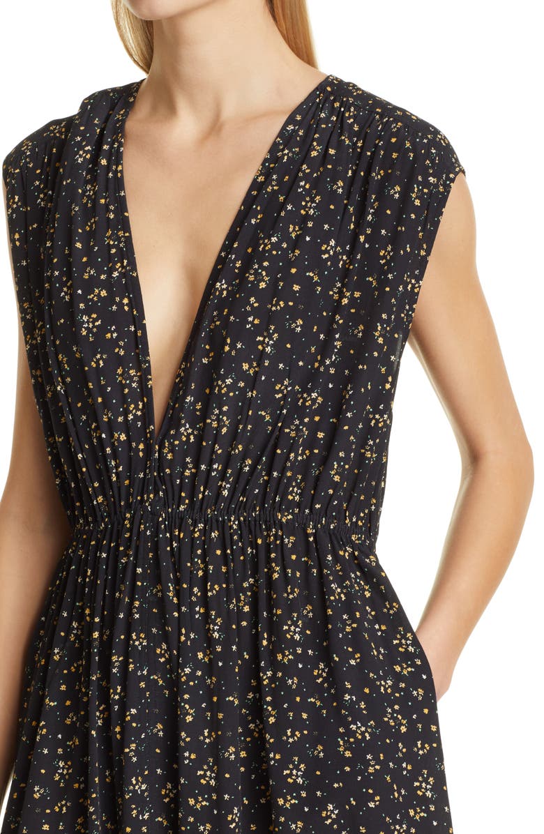 Ganni Ditsy Floral Plunge Neck Dress, Alternate, color, Black