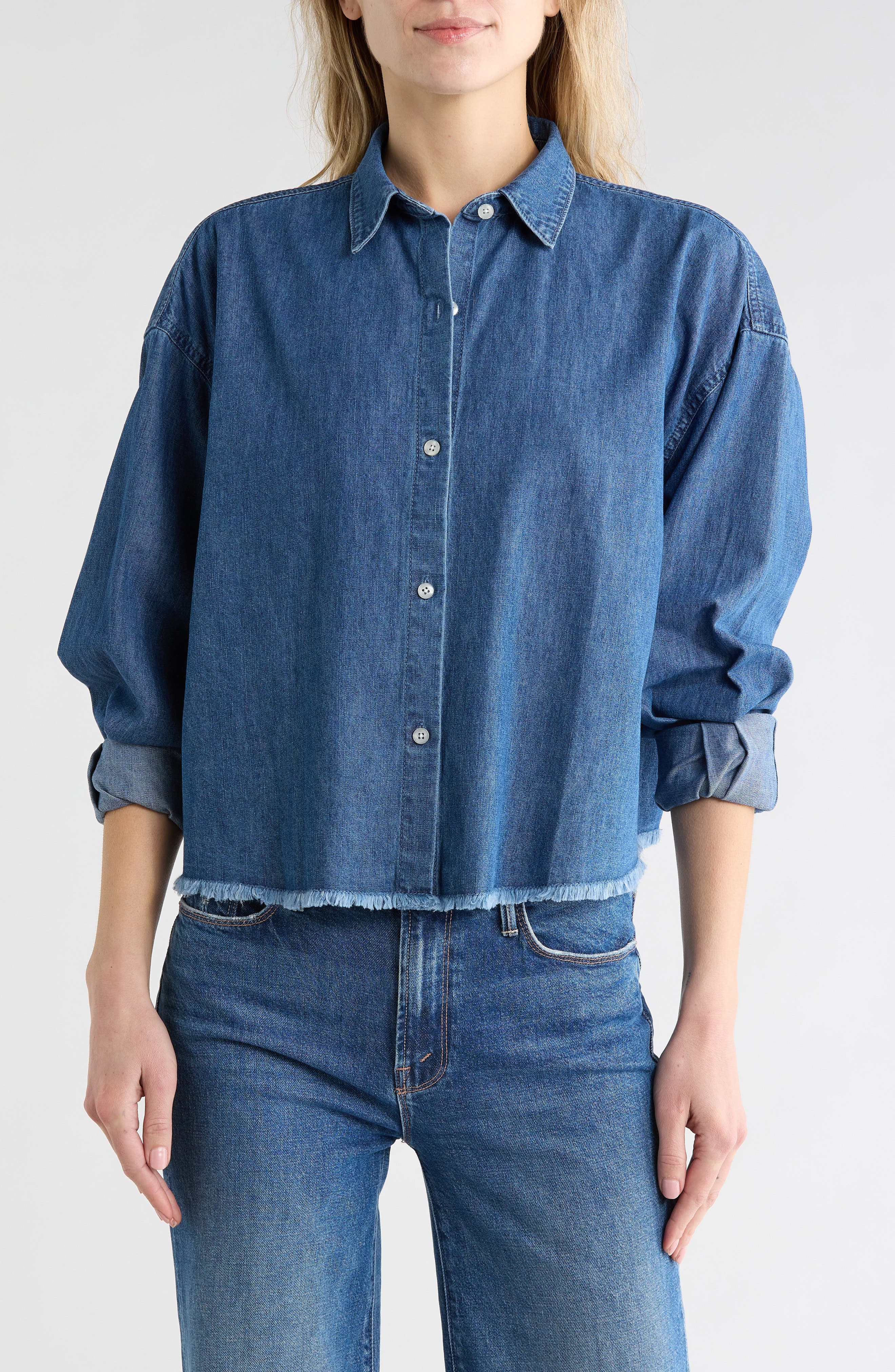 7 For All Mankind Long Sleeve Crop Chambray Button-Up Shirt