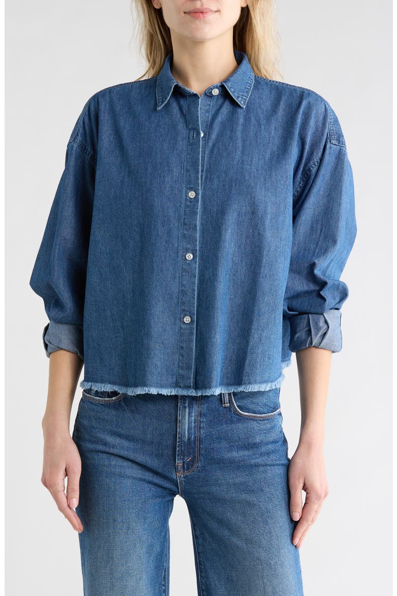 Long Sleeve Crop Chambray Button-Up Shirt, Main, color, CHAMBRAY MID BL