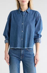 7 For All Mankind Long Sleeve Crop Chambray Button-Up Shirt