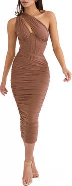 HOUSE OF CB Valentina Asymmetric Cutout One-Shoulder Midi Dress