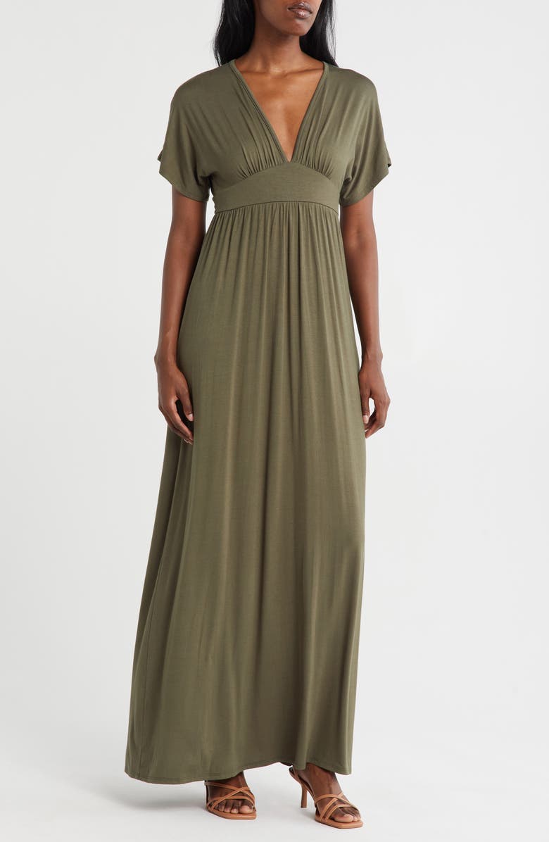 Loveappella Empire Maxi Dress, Main, color, Olive