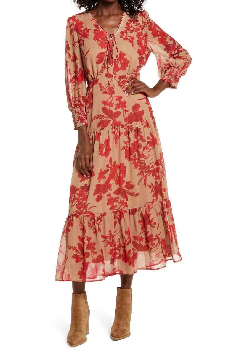 Sam Edelman Floral Long Sleeve Tiered Midi Dress, Main, color, 