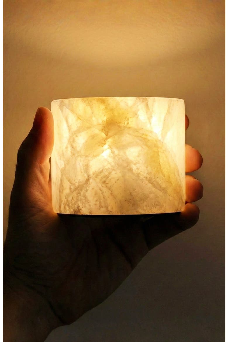 Rhea 2.4" Portable Mini LED Table Lamp Natural Alabaster Stone, Alternate, color, White