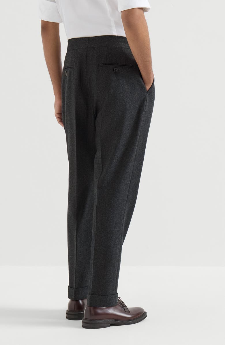 Brunello Cucinelli Virgin wool flannel trousers in twisted cotton gabardine with double pleats and waist tabs, Alternate, color, Lignite