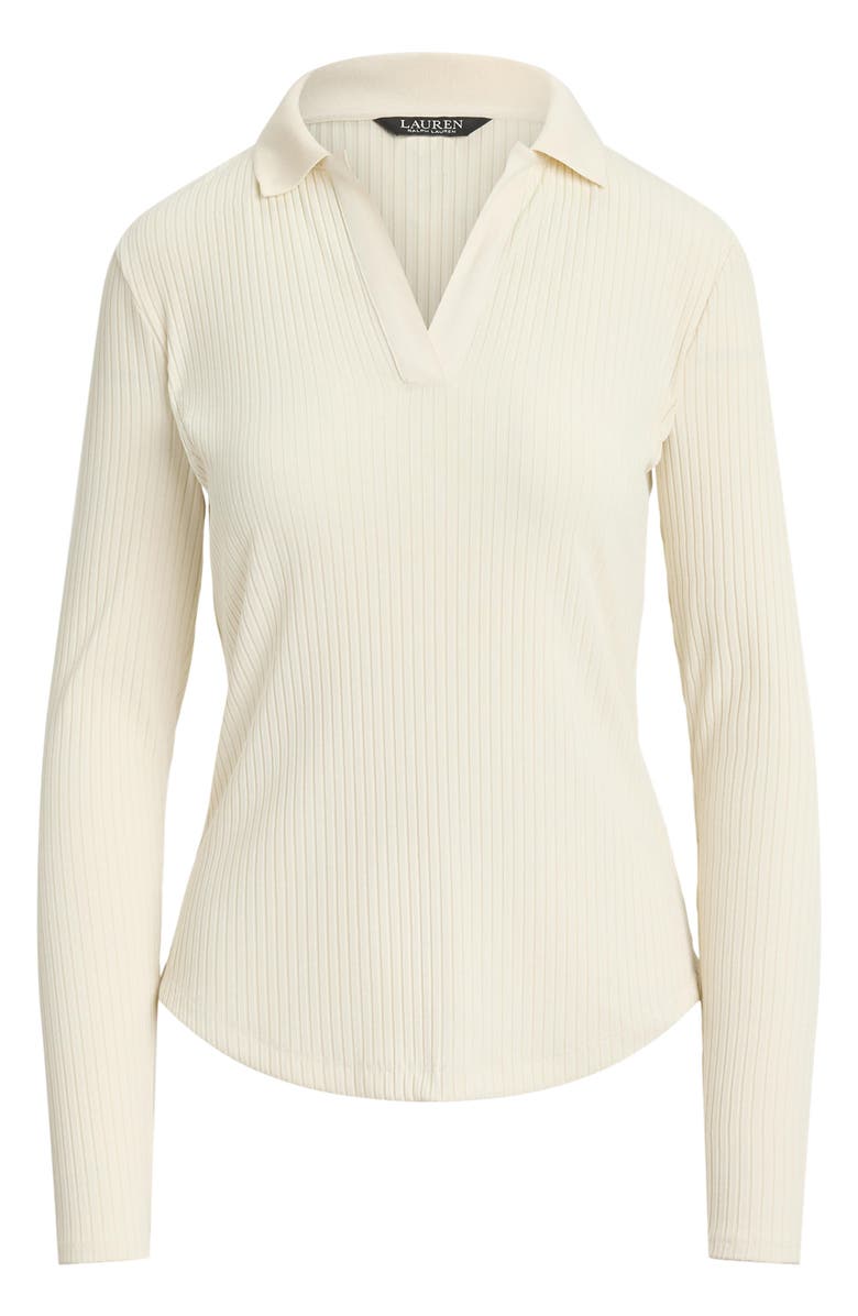 Lauren Ralph Lauren Rib Long Sleeve Polo Top, Alternate, color, Mascarpone Cream
