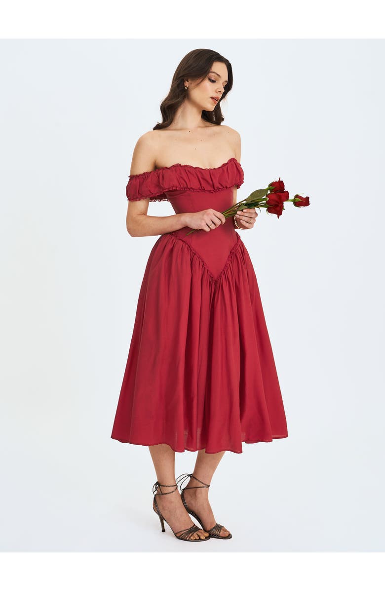 Miss Circle Xavy Drop Waist Off-Shoulder Corset Midi Dress, Alternate, color, Crimson