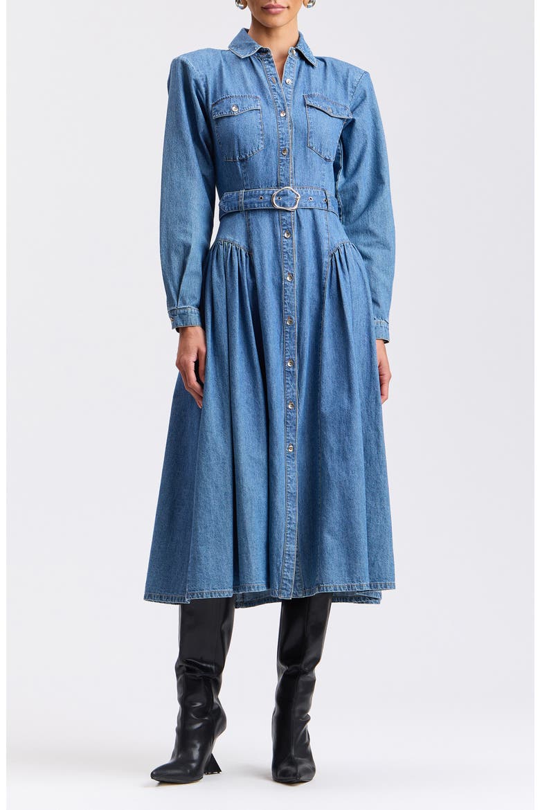 Long Sleeve Denim Midi Shirtdress, Main, color, SUNFADE WASH