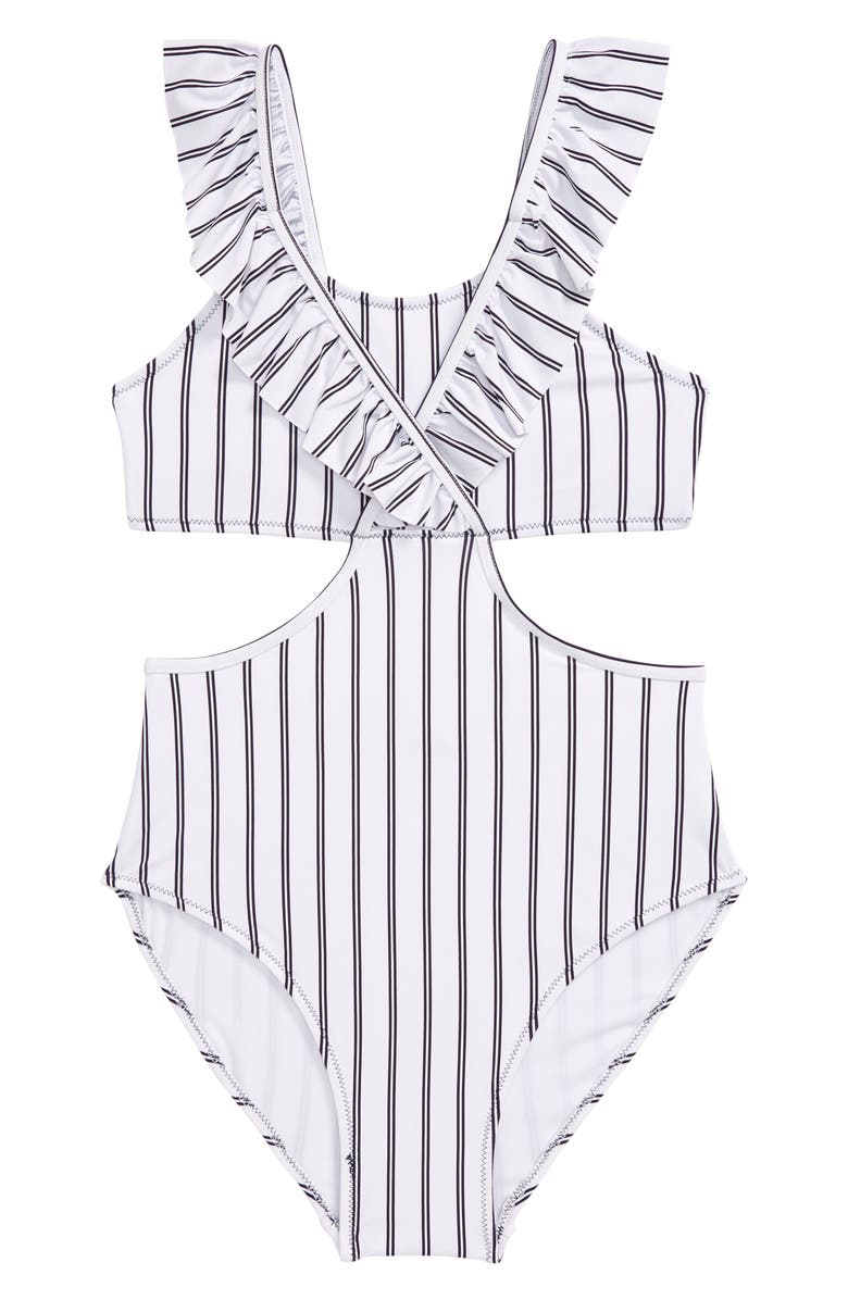 Habitual Girl Habitual Ruffle Stripe One-Piece Swimsuit, Main, color, 
