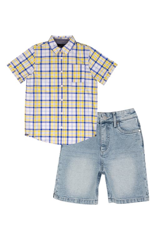 Joe's Plaid Short Sleeve Button-up Shirt & Denim Shorts Set In Yellow