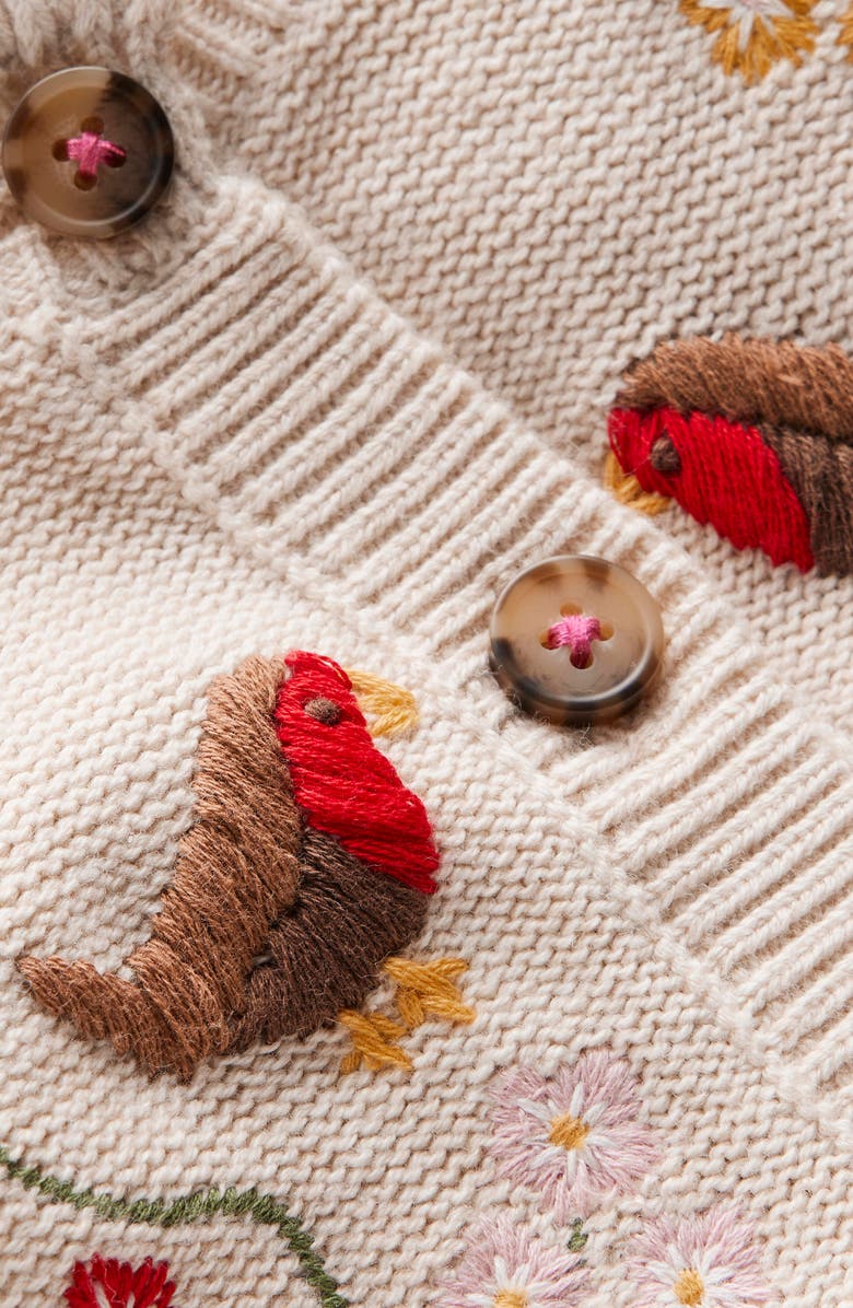 Mini Boden Kids' Floral Embroidered Cotton Cardigan, Alternate, color, Oatmeal Marl