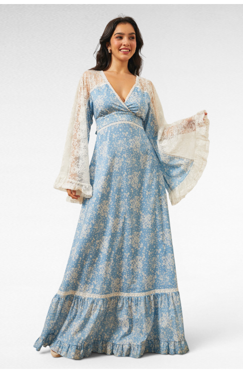 ModCloth Michella Bell Sleeve Boho Maxi Dress, ModCloth x Gunne Sax, Main, color, Misty Sky