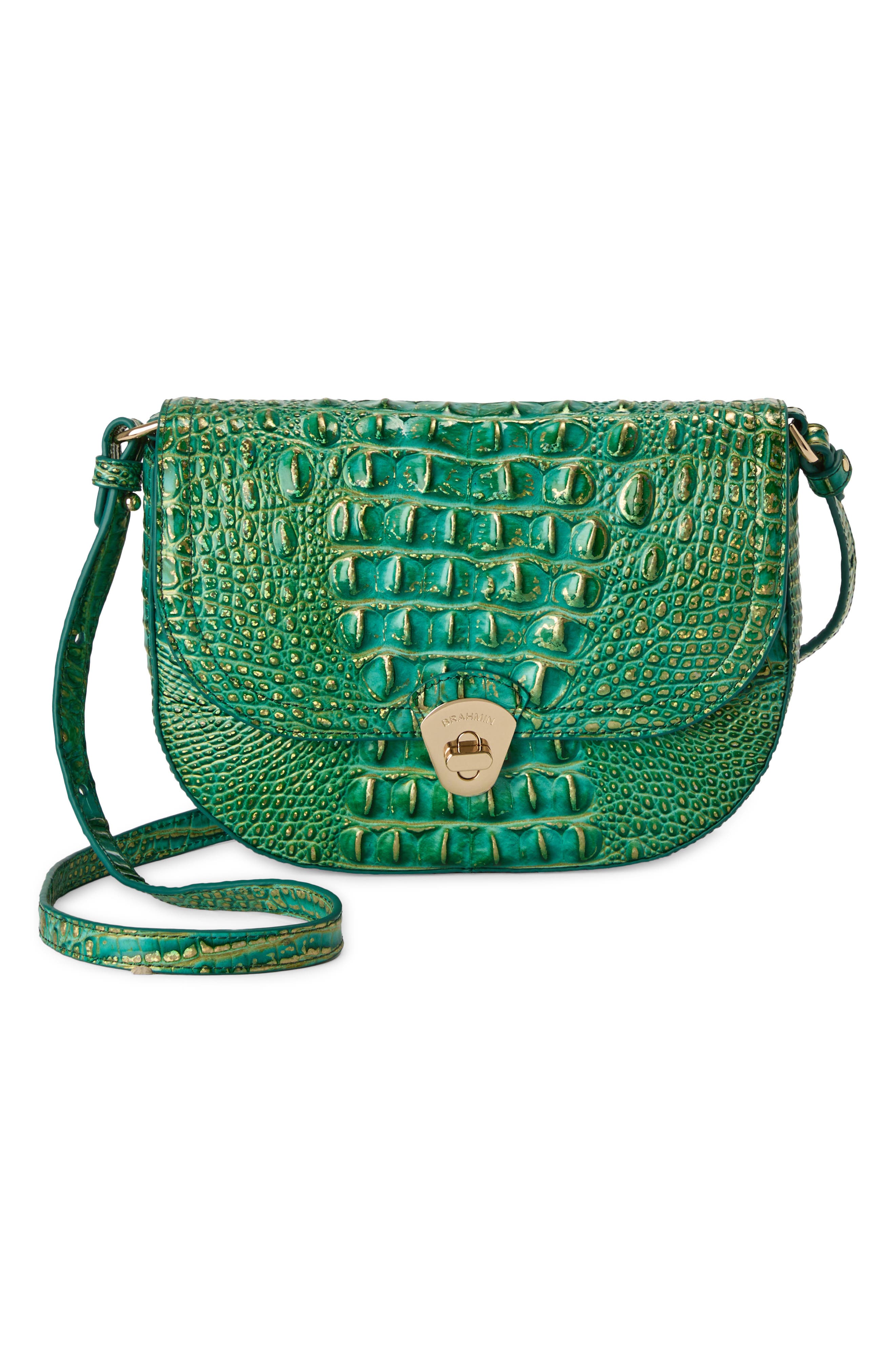 Portia Croc Embossed Leather Crossbody Bag, Main, color, JUNGLE JEWEL