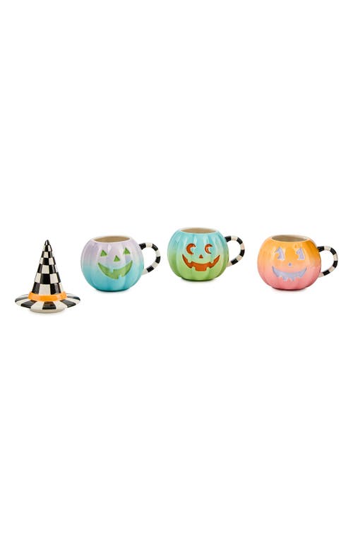 Mackenzie-childs Mackenzie Childs Trick Or Treat Set Of 3 Stackable Pumpkin Mugs With Witch Hat Lid In Multi