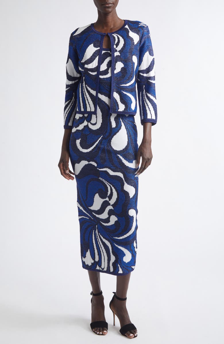 ST. JOHN Lynn Metallic Scroll Jacquard Sweater Dress, Alternate, color, Midnight/ Cobalt Metallic