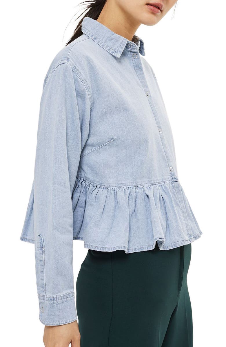 Topshop Ruffle Hem Denim Shirt, Main, color, 