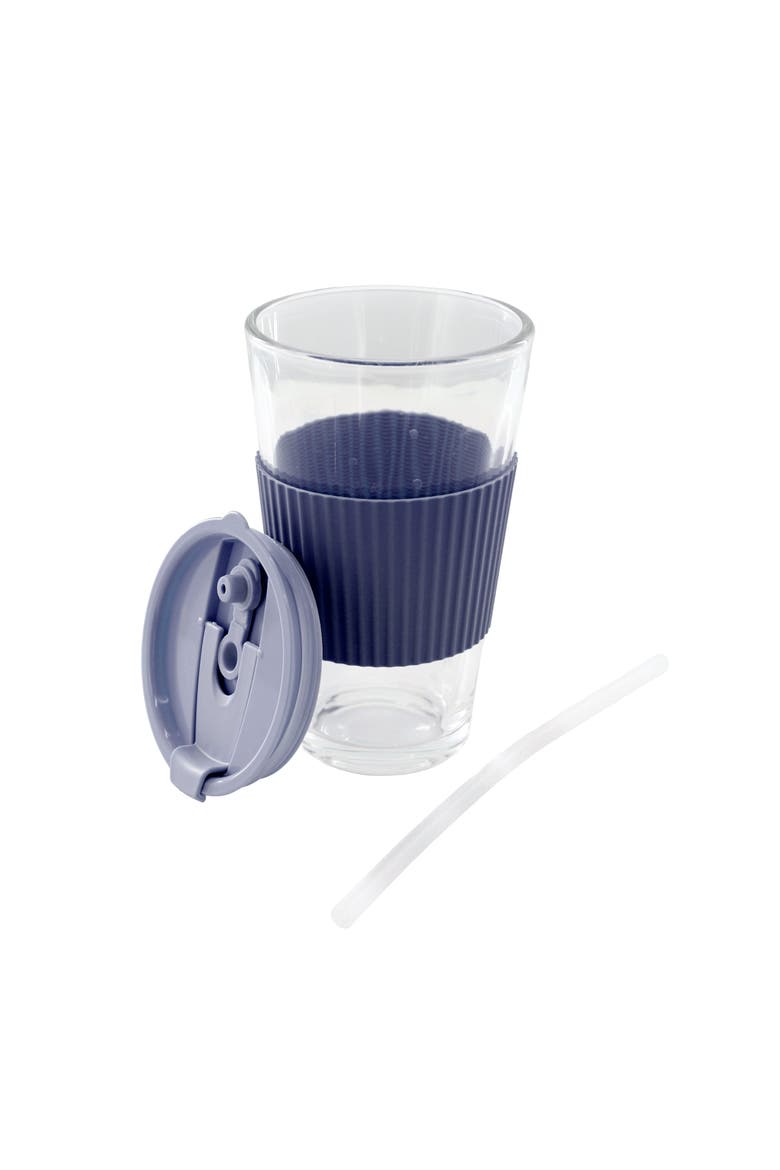 Sip Savvy 4 Piece 15 Ounce Silicone Sleeve Glass Cup Set w/ Lid and Straw, Alternate, color, Blue
