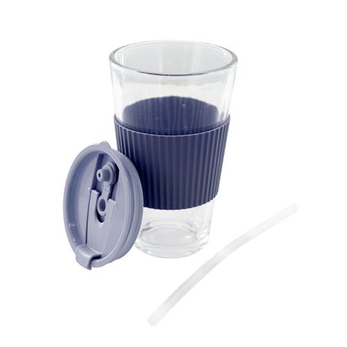 Mr Coffee Mr. Coffee Sip Savvy 4 Piece 15 Ounce Silicone Sleeve Glass Cup Set W/ Lid And Straw In Blue
