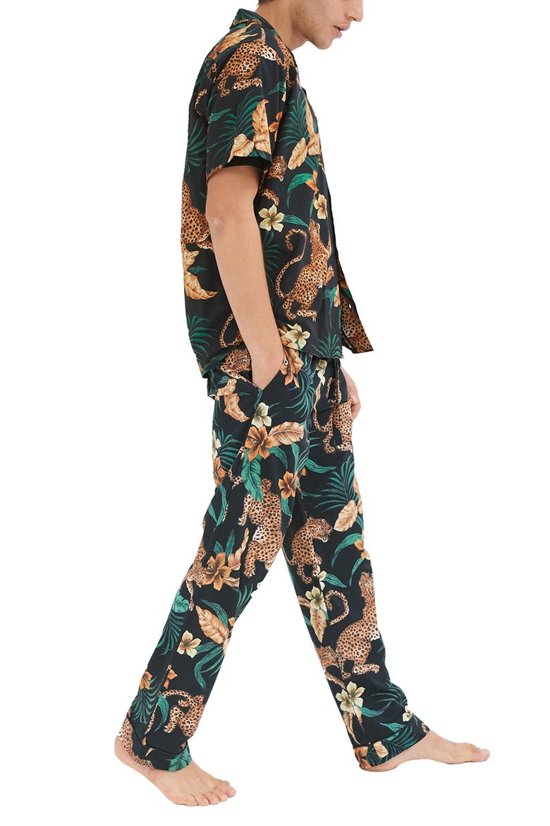 Cheetah Print Short Sleeve Cotton Pajamas, Alternate, color, BLACK/ YELLOW