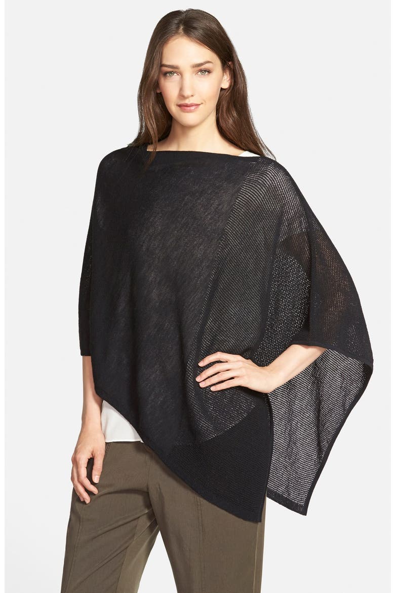 Mesh Detail Wool Knit Poncho, Main, color, BLACK