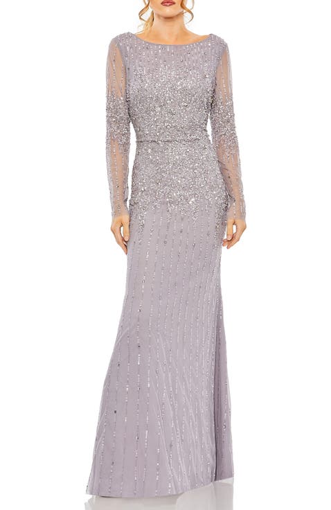 Sequin-Embellished Full-Length Long Sleeve Formal Dress