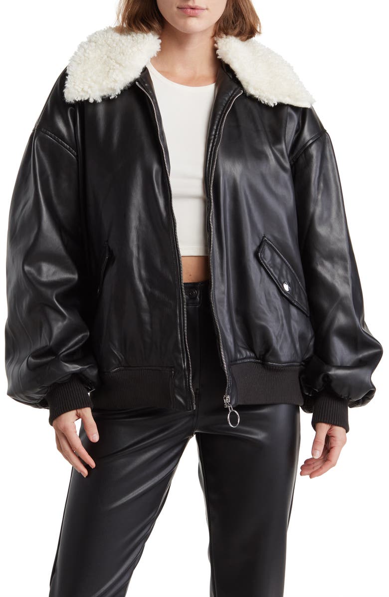 WeWoreWhat Faux Shearling Collar Bomber Jacket, Main, color, 