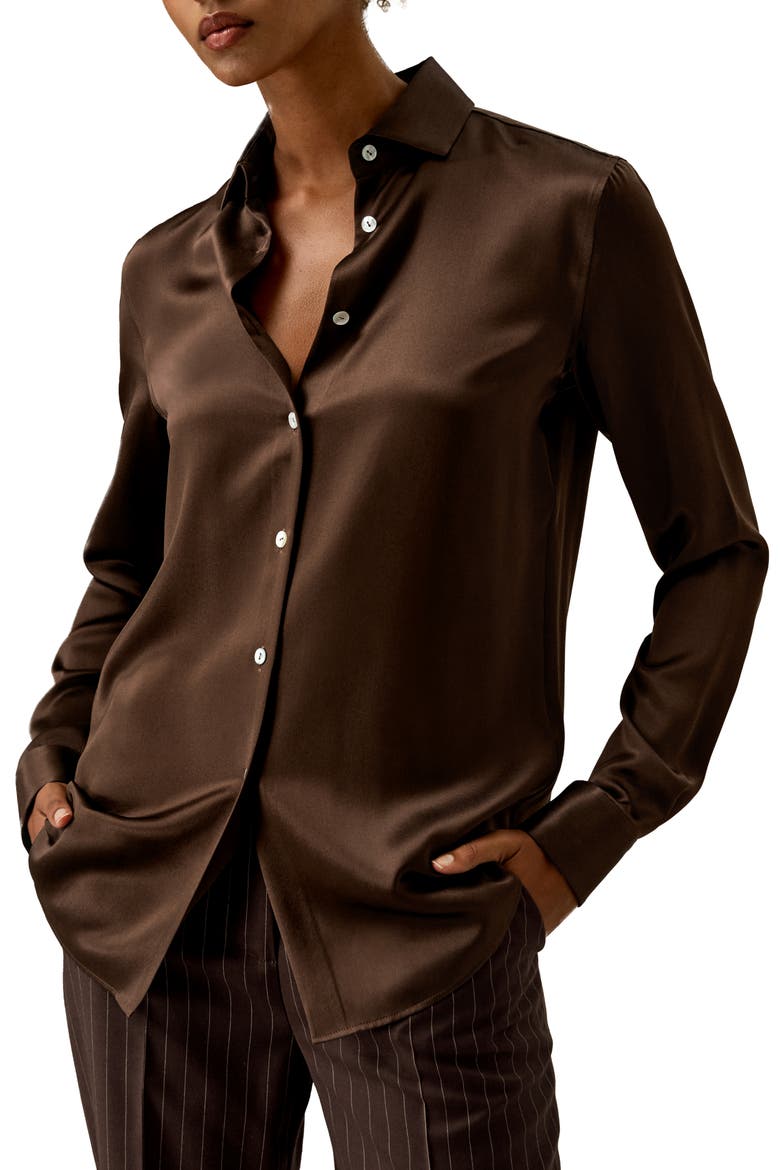 Women's Spread Collar Silk Shirt, Main, color, Chocolate