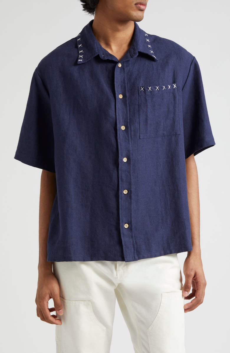 The Elder Statesman Sulfur Embroidered Cotton Shirt, Main, color,