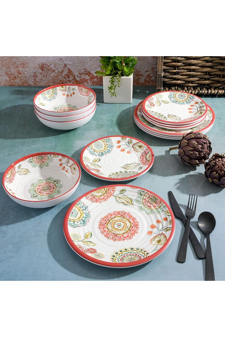 Brick Floral Ripple 12pc Melamine Dinnerware Set, Alternate, color, Red