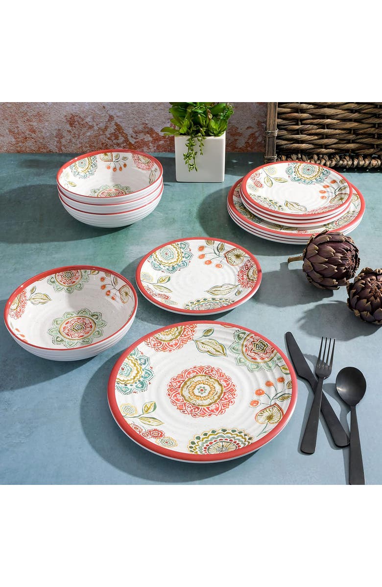 Laurie Gates Brick Floral Ripple 12pc Melamine Dinnerware Set, Alternate, color, Red